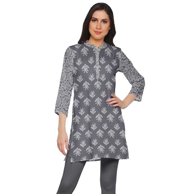 Moomaya Robes Tuniques Courtes en Poly-Crêpe pour Femmes Kurti Imprimé Mini Tenue d'Été