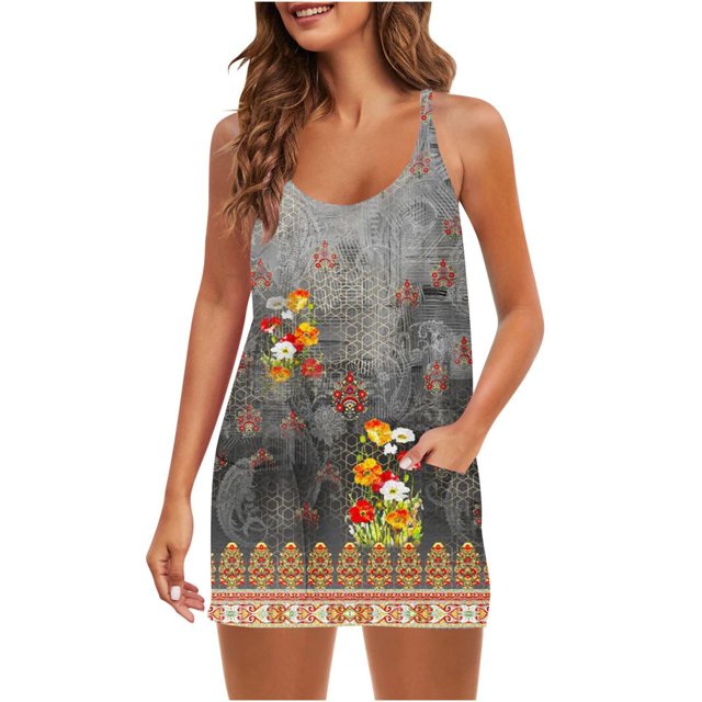 Femmes Été Sans Manches Mini Robe V Cou Bretelles Spaghetti Robe de Soleil Athlétique Robe Courte avec Poches