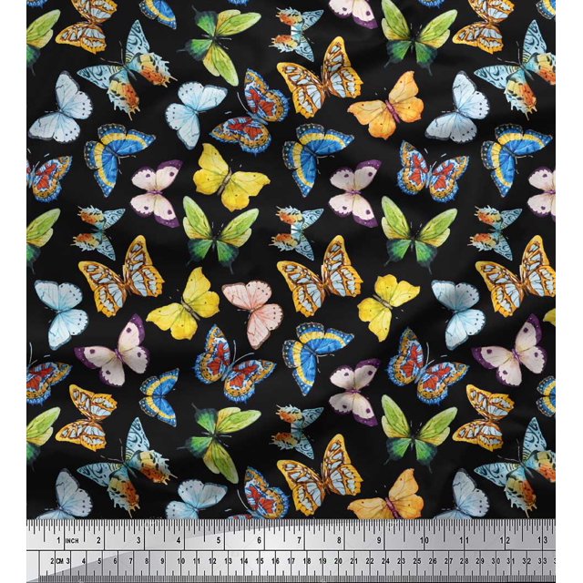 Soimoi Black polyester Crepe Fabric Colorful Butterfly Decor Fabric Printed Yard 42 Inch Wide