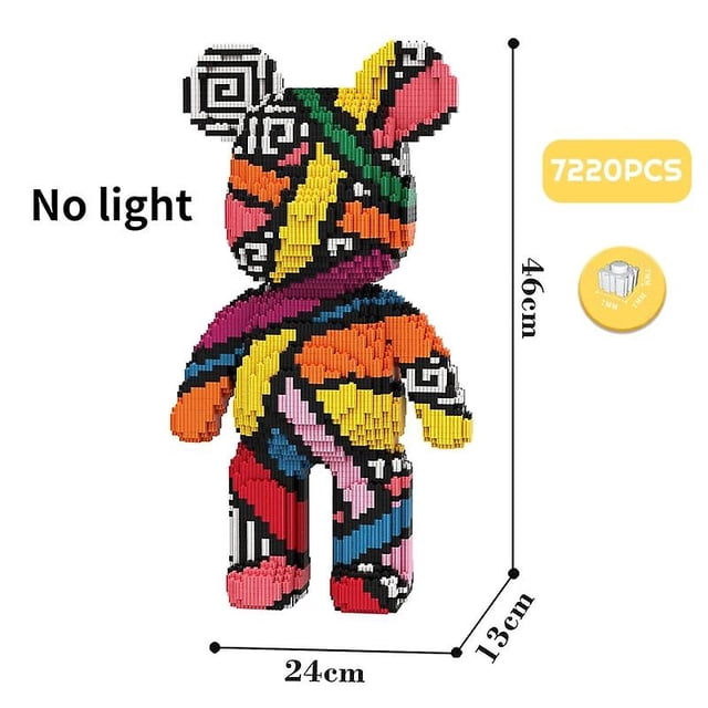 Giant Fluid Violence Bear Cartoon Love Violent Bear Bearbrick Colour Model Building Block Micro Diamond Bricks Kids Toy Gift Set. A multicoloured bear-shaped model constructed from 7220 micro diamond bricks, featuring vibrant patterns in orange, pink, yellow, green, and black. The assembled figure measures 46 cm in height, 24 cm in width, and 13 cm in depth. Made from environmentally friendly materials, it comes in a sealed bag with instructions included. Suitable for creative building and display.