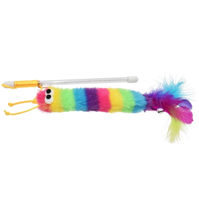 Multipet Jouet pour Chat Baguette Chenille Arc-en-Ciel avec une Chenille Duveteuse Multicolore Présentant des Rayures Arc-en-Ciel, des Yeux Gluants, des Antennes Jaunes et une Queue avec de Véritables Plumes et une Clochette Argentée, Fixé à une Baguette Transparente avec une Poignée Jaune, Idéal pour le Jeu Interactif et le Renforcement des Liens entre Chats.