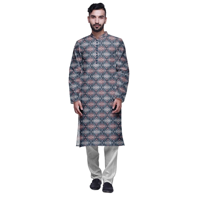 Atasi Printed Mens Kurta & White Churidar Pyjama Set Mandarin Neck Ethnic Wear