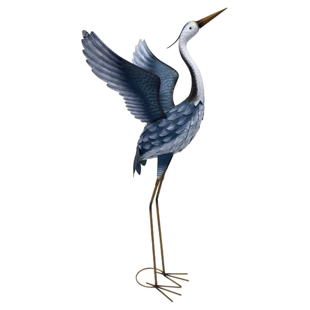 Angelo Décor 42-inch Standing Heron Statue made of durable metal with detailed blue and gray feathers, long slender legs, and a pointed beak, ideal for adding elegant garden or patio decor to outdoor living spaces.