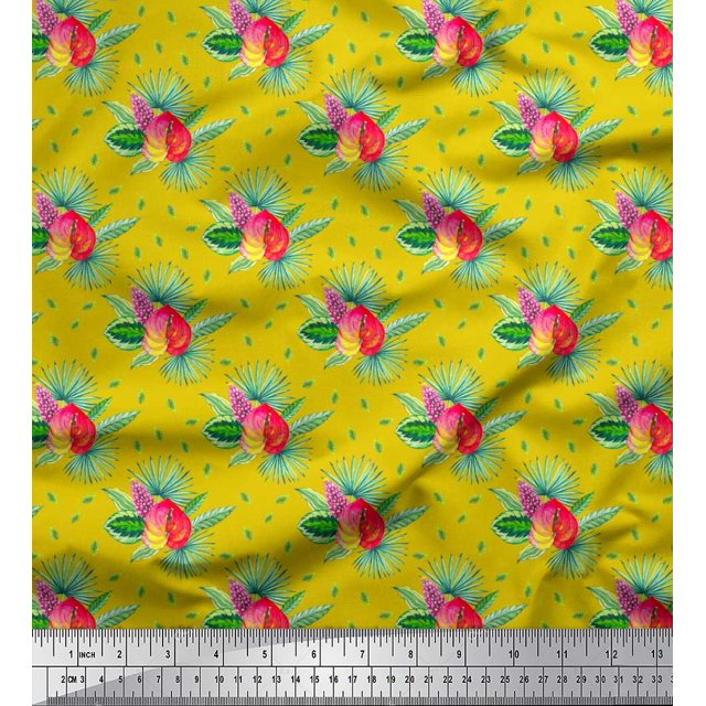 Soimoi Satin Silk Fabric Leaves Tropical Print Fabric by the Yard 42 Inch Wide