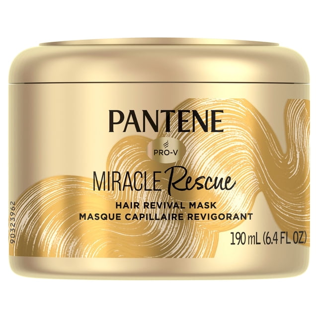Pantene Hair Mask Miracle Rescue Hair Revival Mask in a 190 mL beige jar with gold swirling brushstroke design, formulated for deep conditioning and restoring dry, damaged hair, suitable for all hair types including color-treated strands.