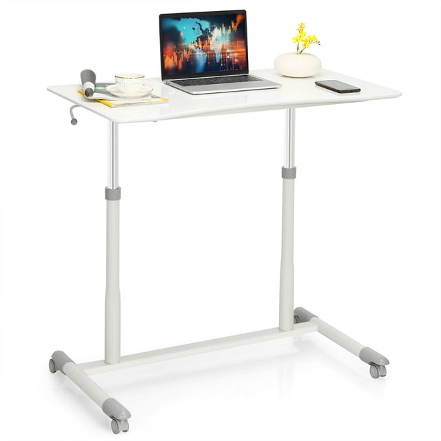 Costway Bureau d'Ordinateur Réglable en Hauteur, Table pour Cahier à Roulettes Assis-Debout Portable en Blanc, avec Hauteur Réglable de 27,5” à 42” avec Deux Tiges à Gaz pour un Levage Fluide. le Bureau Comprend Quatre Roulettes, Deux Verrouillables, pour la Mobilité. Sa Conception Ergonomique a des Coins Arrondis et un Bord avant Courbé pour le Confort. Idéal comme Bureau Portable pour la Maison Ou le Bureau.