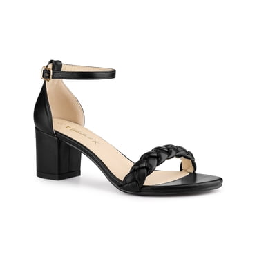 BLISSFUL STEP Sandales à Talon Bloc pour Femme à Bride à la Cheville à Talon Tressé Noir (Taille 7,5)