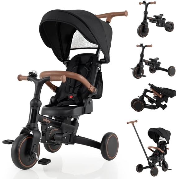 Tricycle Pliable 9-en-1 pour Tout-Petits INFANS, Convertit la Poussette en Draisienne avec Poignée de Poussée Réglable, Auvent et Dossier, Conversion à Pédales, Roues Arrière Rétractables pour 1 à 6 Ans