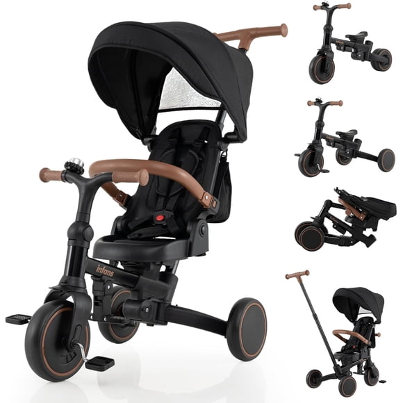 INFANS 9-in-1 Foldable Toddlers Tricycle, Converts Stroller to Balance Bike with Adjustable Push Handle, Canopy & Backrest, Pedal Conversion, Retractable Rear Wheels for 1-6 Years