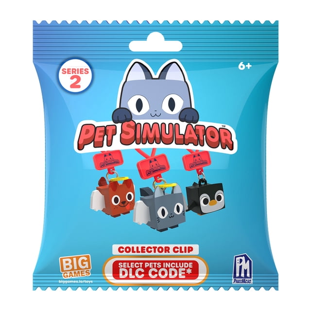 Pet Sim Série de Mini Figurines de Collection, Lot de 2, Comprenant Trois Figurines d'Animaux à Clipser de Pet Simulator, Dont un Chien Brun, un Chat Gris et un Pingouin Noir avec des clips Rouges, Offrant Chacun un code DLC pour une Utilisation en Jeu.
