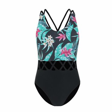 GDREDA Swimsuit One Piece Girls Swimsuit Green Leaf Pattern Round Neck Hollow Carved Design Swimming Pool Hot Spring Natatorium High Waisted Swimsuits for Girl Sky Blue,5-6Years