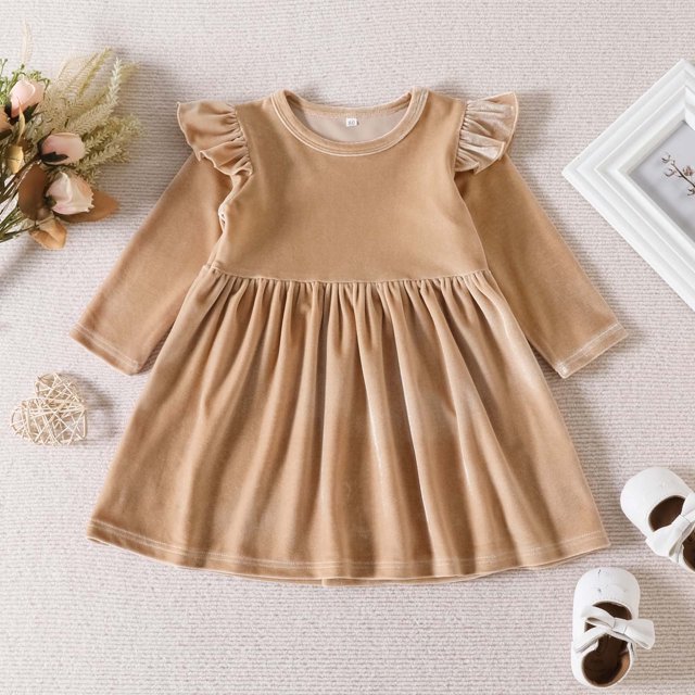 EGNMCR Baby Girl Clothes Robe Princesse à Manches Longues et Col Rond en Macramé Couleur Unie