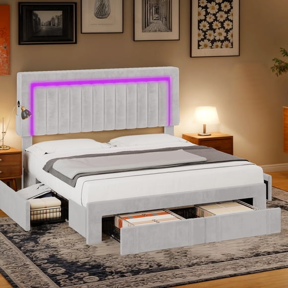 DEXTRUS Queen Upholstered Platform Bed Frame with 4 Storage Drawers, RGB LED Headboard, Charging Station with USB Ports, No Box Spring Needed, White Velvet