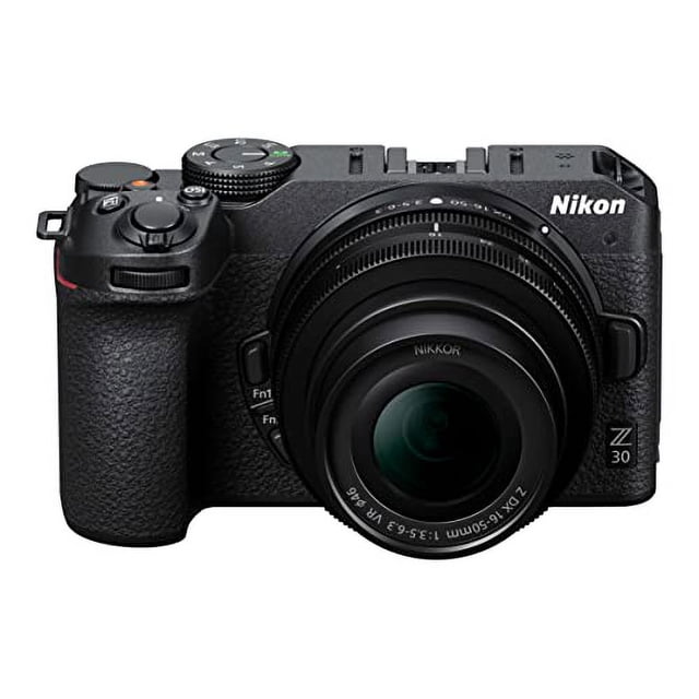 Nikon Z30 Mirrorless Camera with NIKKOR Z DX 16-50mm VR Lens Kit shown front-facing with textured black body, ergonomic grip, top control dials, and 16-50mm f/3.5-6.3 VR lens, ideal for 20.9MP DX sensor photos, 4K Ultra HD video, and vlogging.