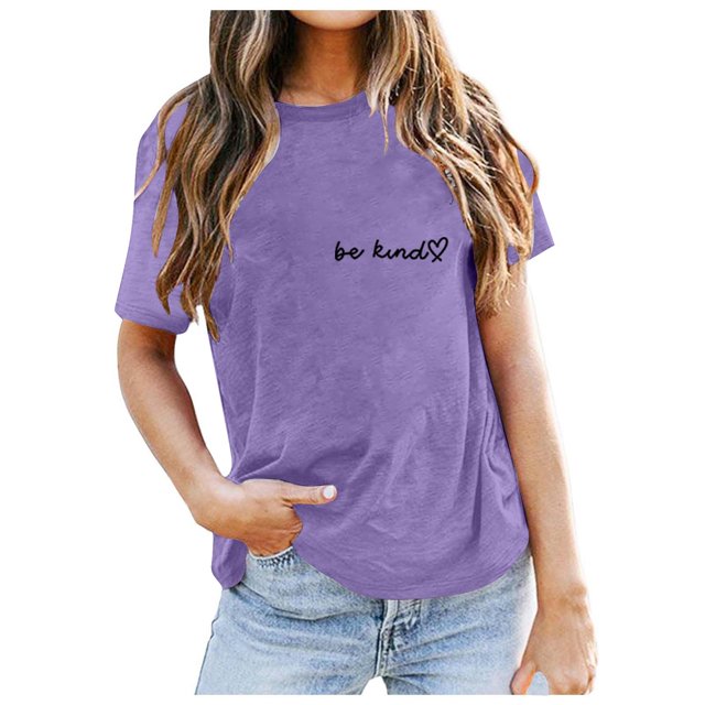 LUOGENLI T-shirts pour Femme pour Femmes Dames Mode Décontractée Couleur Unie Col Rond T-Shirt à Lettres Imprimées Manches Courtes Haut T-shirts pour Femmes T-Shirt Graphique Saint-Valentin Violet TTG