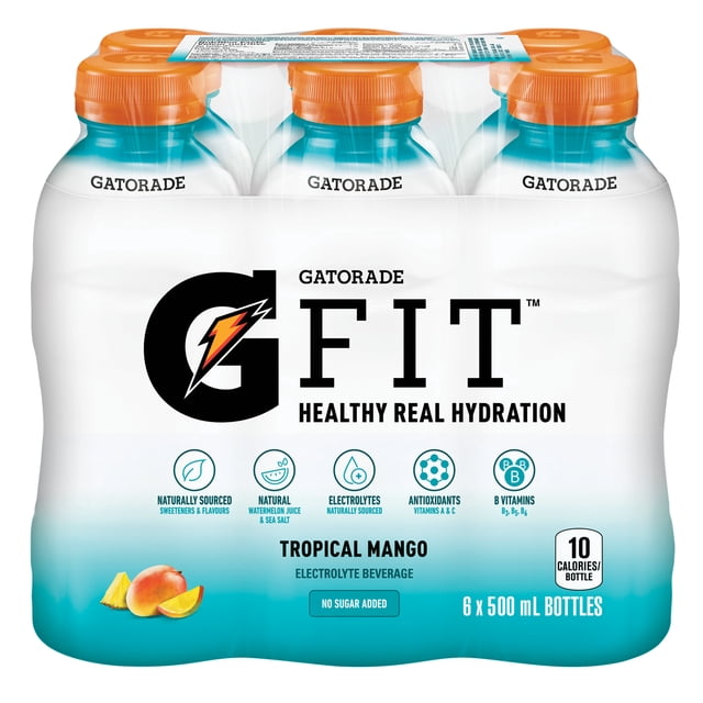 Gatorade Fit Tropical Mango Electrolyte beverage 6-pack of 500 mL bottles with orange caps and white-blue gradient label, featuring no added sugar, naturally sourced electrolytes from watermelon juice and sea salt, B vitamins, and antioxidant vitamins A and C for healthy real hydration.