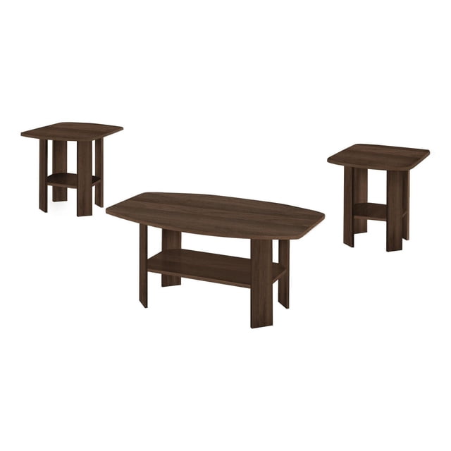 Monarch Specialties Table Set 3-piece includes a rectangular coffee table and two square end tables in dark walnut laminate with rounded edges and lower shelves for storage, ideal for living or family rooms and suitable as accent tables.