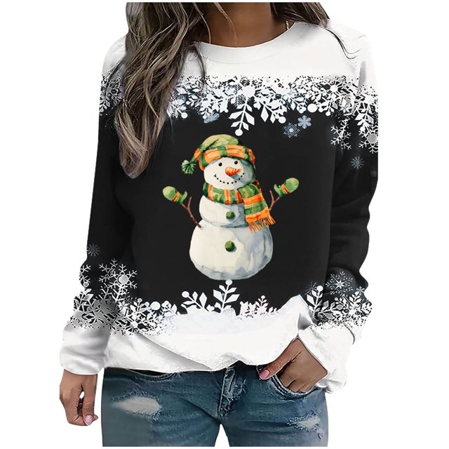 Rbaofujie Chandails à Capuchon Mignons Noël Femmes Mode Décontractée Imprimé Col Rond Ample Manches Longues Hauts Blouse Chandails Noir Chandail pour Femmes