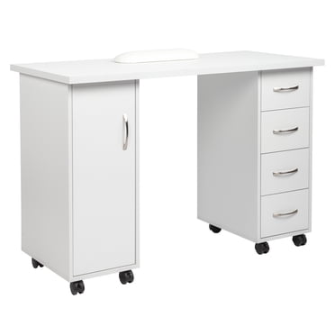 Ktaxon Manicure Table Salon Beauty Nail Desk with 4 Drawers, Lockable Wheel & Wrist Pad, White