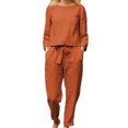 thumbnail image 2 of TIMIFIS Ensembles 2 Pcs pour Femmes en Coton et Lin d'Automne, Col Ras du Cou, Manches Longues, Ensemble de Chemises, Pantalons Longs, Complets pour Femmes avec Poches - Printemps/été, 2 of 7