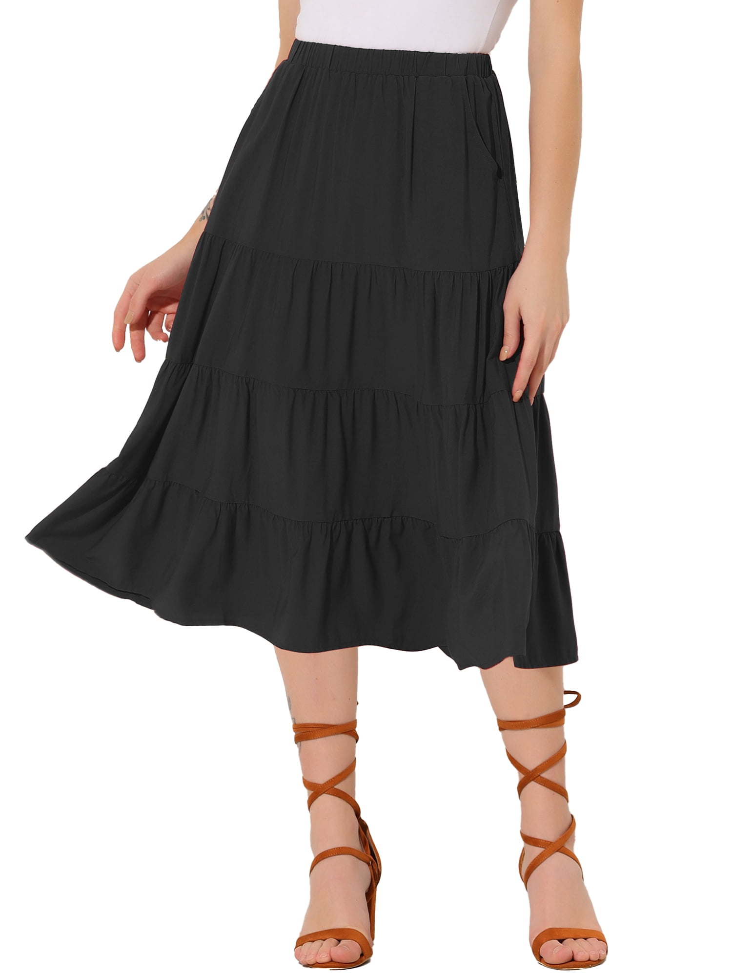 Unique Bargains Women's A-Line Tiered Pockets Midi Long Skirt 2 M