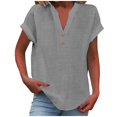 thumbnail image 1 of RKSTN Womens Summer Tops Fashion Cotton and Linen Buttons Going out Tops Basic Solid Color Shirts V-Neck Short Sleeve Loose Fit Pullover Tops, 1 of 5