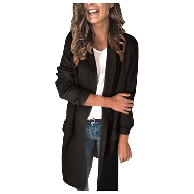 Women Casual Solid Lapel Long Sleeve Open Front Pocket Coat Suit for Daily Work