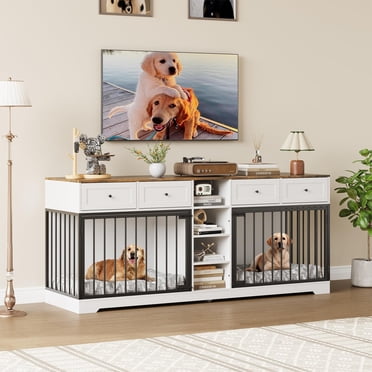 TROPOW Meuble Cage Double pour Chien de 82” – Grand Chenil Intérieur en Bois pour Chien avec Tiroirs de Rangement et Meuble Télé
