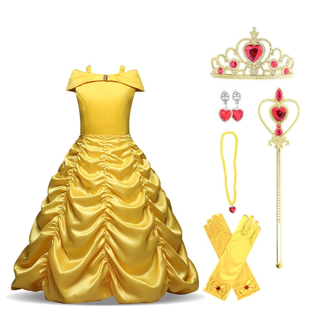 KAWELL Princess Belle Off Shoulder Layered Costume Dress for Little Girls with Accessories. This elegant yellow dress features an off-shoulder design with a sparkling diamond detail on the chest, a layered pick-up style skirt, and a detachable bow. Made of comfortable, non-itchy material with a concealed zip closure at the back. Includes matching accessories: a tiara, wand, gloves, necklace, and earrings. Perfect for occasions like birthday parties, Christmas, and ceremonies.