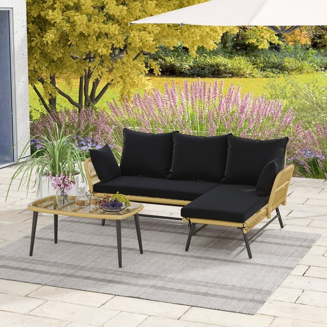 Gymax 3PCS Patio Wicker Furniture Set L-Shaped Sofa Conversation Set w/ Black Cushions