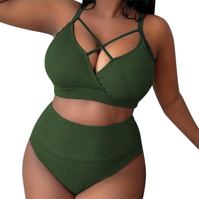 2024 Women's Sexy Plus Size Suspender Bikini - High Waisted Solid Color Swimsuit