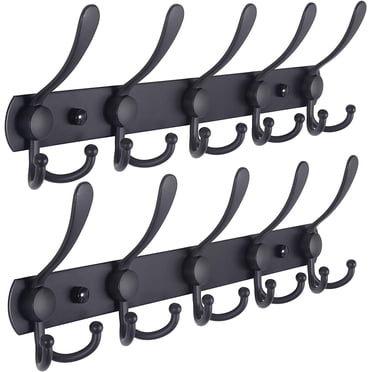 Coat Rack Wall Mounted , Heavy Duty, 5 Tri Hooks,Stainless Steel, Metal Coat Hook Rail for Coat Hat Towel Purse Robes Mudroom Bathroom Entryway (Black, 2 Packs)