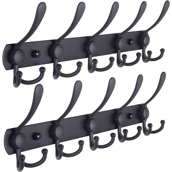 Portemanteau Mural, Robuste, 5 Crochets Triples, Acier Inoxydable, Rail de Crochets en Métal pour Manteau Chapeau Serviette Sac Peignoirs Vestiaire Salle de Bain Entrée (Noir, 2 Paquets)