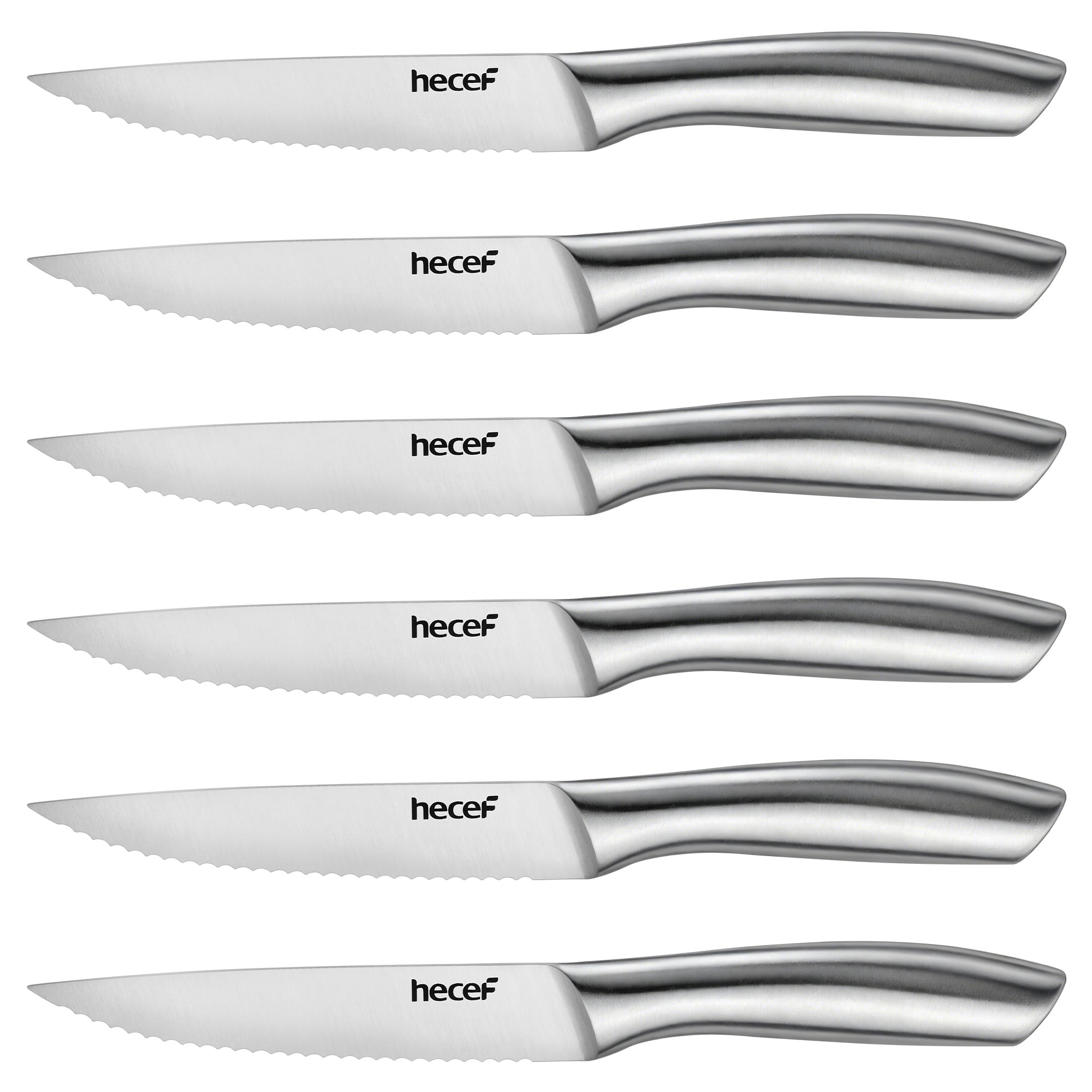 Hecef All-Steel Steak Knife Set of 6, High-Carbon Stainless Steel Serrated Edge Dishwasher safe Knives