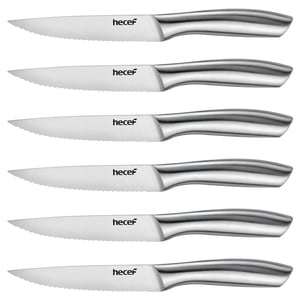 Hecef All-Steel Couteau Steak Ensemble de 6, Couteaux de lave-vaisselle en acier inoxydable à haute teneur en carbone
