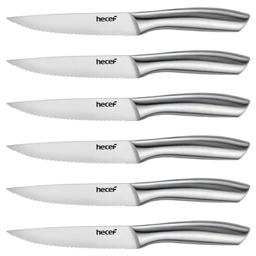 Hecef All-Steel Steak Knife Set of 6, High-Carbon Stainless Steel Serrated Edge Dishwasher safe Knives
