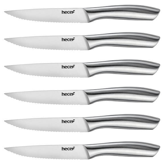 Hecef All-Steel Steak Knife Set of 6, High-Carbon Stainless Steel Serrated Edge Dishwasher safe Knives
