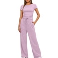 thumbnail image 2 of Birdeem Ensemble 2 Pcs Femme Mode Col Rond Uni Blouse à Manches Courtes + Pantalon Long Taille Élastique, 2 of 12