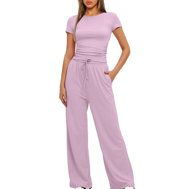 Aqestyerly Ensemble 2 Pcs pour Femme, Blouse à Manches Courtes à Col Rond de Couleur Unie et Pantalon Long, Tenue Décontractée pour la Maison, Vêtement d'Intérieur, Ensemble Doux et Élastique HWRETIE