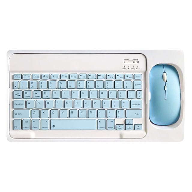 Wireless Keyboard and Mouse Bluetooth Keyboard for Mobile Phones and Tablets, a compact keyboard and mouse combo with light blue keys and a matching blue mouse. Features quiet, responsive keys and a rechargeable lithium battery lasting up to 40 hours per charge. Ideal for travel and compatible with Bluetooth devices within a 10-meter range.