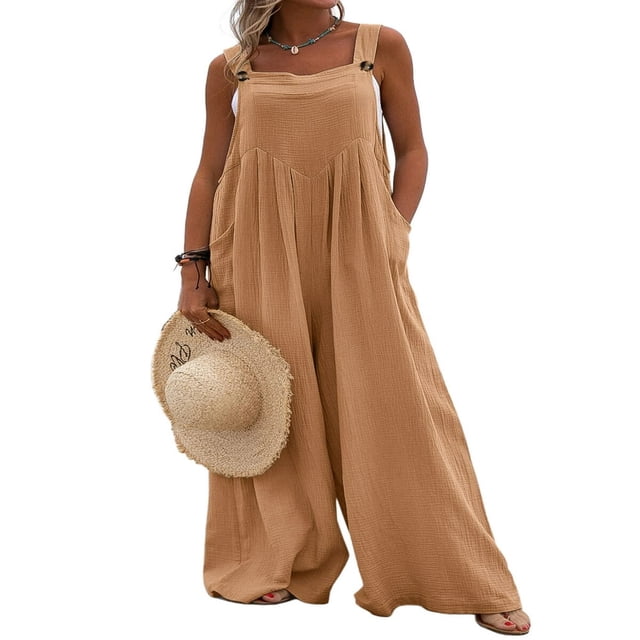 Wide Leg Overalls for Women Sleeveless Jumpsuits Suspender Overalls with Pockets