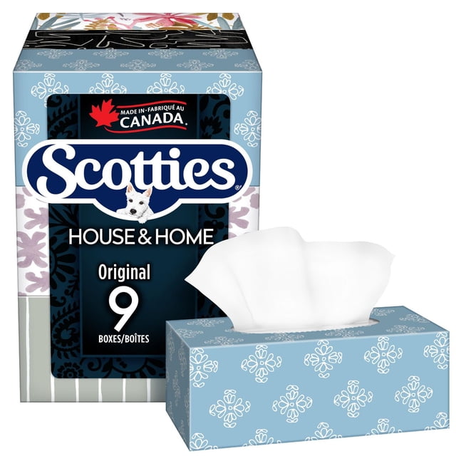 Scotties Original Everyday Care Facial Tissue, hypoallergenic and dermatologist tested, 9 boxes with 126 tissues each, featuring blue boxes with white floral patterns and a white tissue partially pulled out, made in Canada for household paper product use