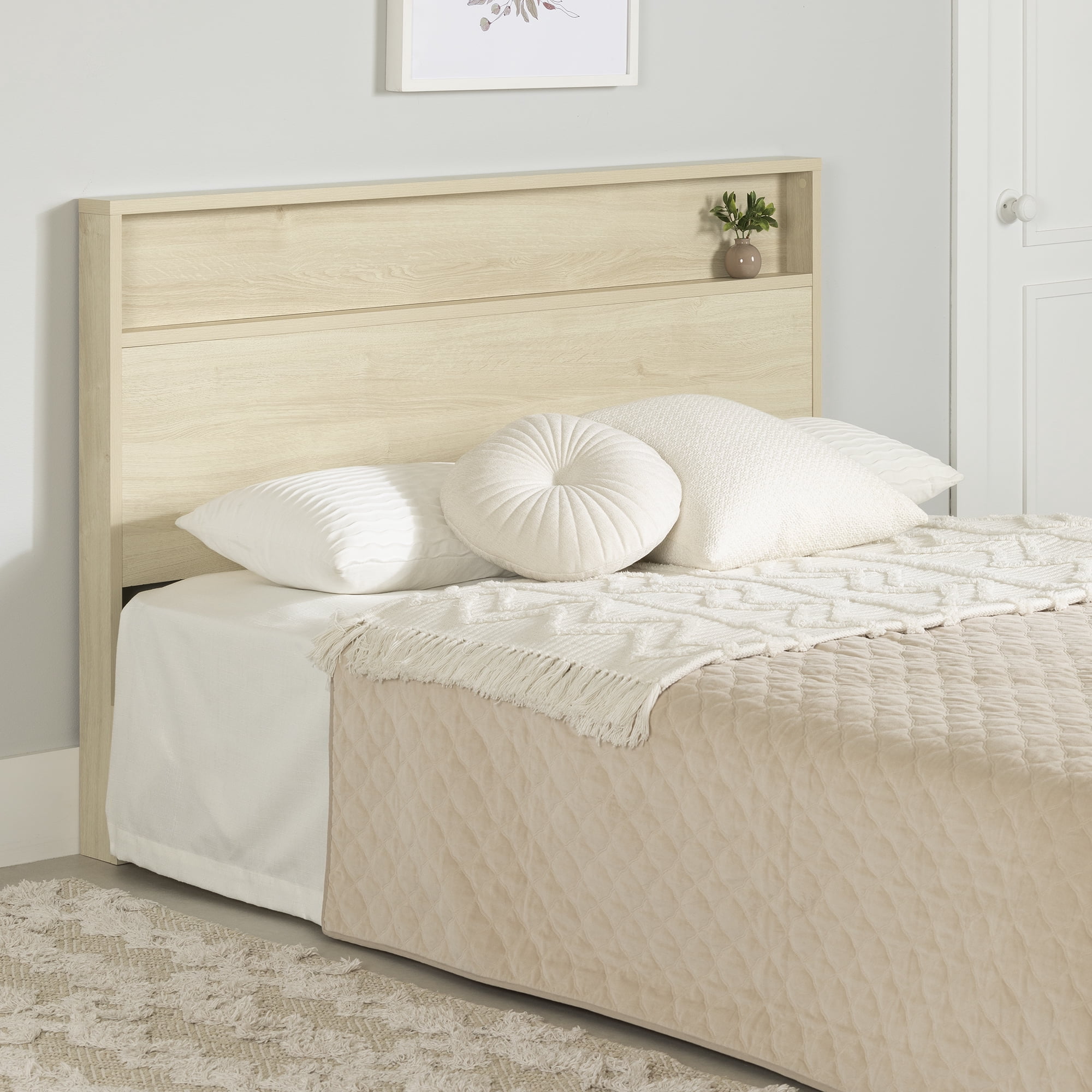 South Shore Fusion Full/Queen Headboard with Storage Shelf, in Bleached Oak
