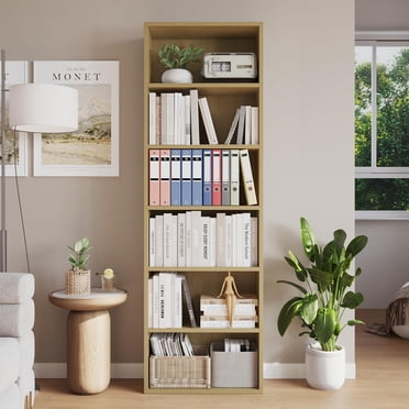 Bibliothèque Haute en Bois à 6 Niveaux pour Bureau à Domicile – Étagère Ouverte Autoportante avec Rangement, Organisateur d'Exposition pour Salon Ou Chambre – Couleur Bois