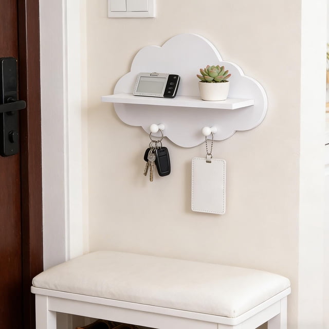 Wooden Storage Rack Wooden Cloud Wall Shelf with Hooks Multifunctional Storage Rack for Kids Room Toy Display and Coat Hanging(White,1Pcs) JASKFLY