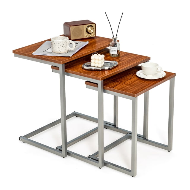 Costway 3 Pcs Emboîtant Table d'Extrémité de Café Empilable Côté Table de Chevet Salon Bureau