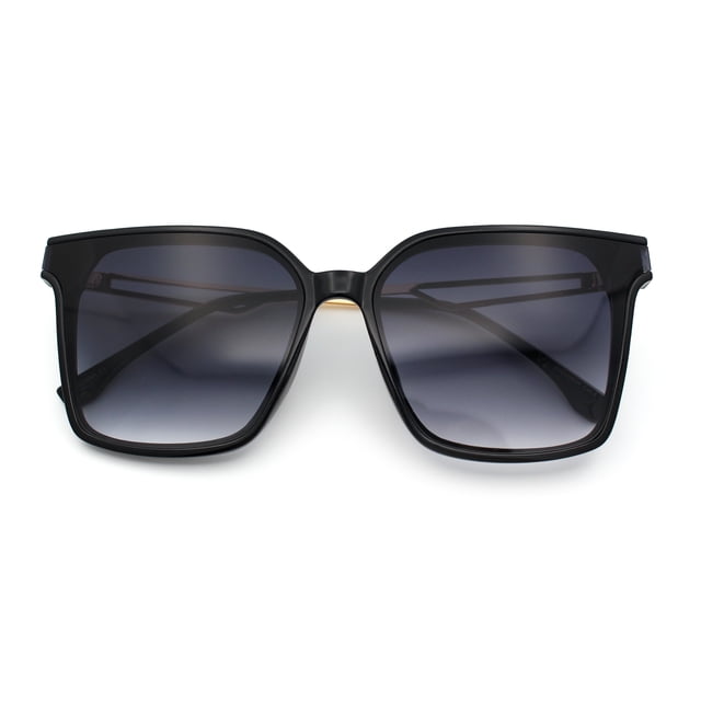 Womens Luxury Designer Inset Lens Metal Arm Horn Rim Plastic Fashion Sunglasses Black - Smoke