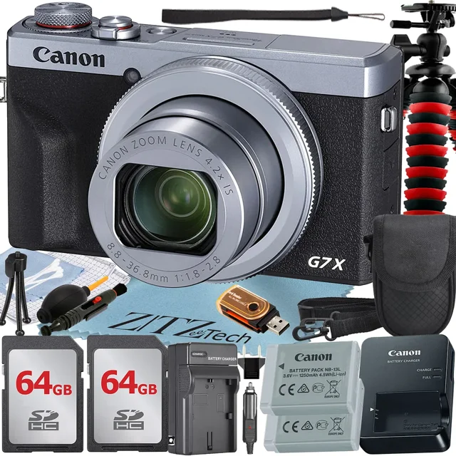 Canon PowerShot G7 X Mark III Appareil Photo Numérique (Argent) avec 2 Cartes Mémoire 64 Go + Étui + Trépied + ZeeTech Ensemble Professionnel