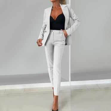 UPPADA Ensemble Deux Pièces pour Femme, Tenue Chic Chic Décontractée, Ensemble 2 Pcs Pantalon, Ensemble de Tailleur Blazer Professionnel, Tenue de Travail de Bureau, Blanc, TTG