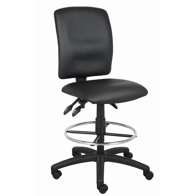 Nicer Furniture Chaise de Dessin Multifonction en PU avec Siège et Dossier Profilés Noirs Rembourrés, Levage Pneumatique à Gaz, Réglage de la Hauteur du Siège de 28 à 33 Pouces, Anneau Repose-Pieds Chromé et base en nylon Noir de 27 Pouces avec Cinq Roulettes, Idéale pour un Bureau Ergonomique Ou pour le Dessin.